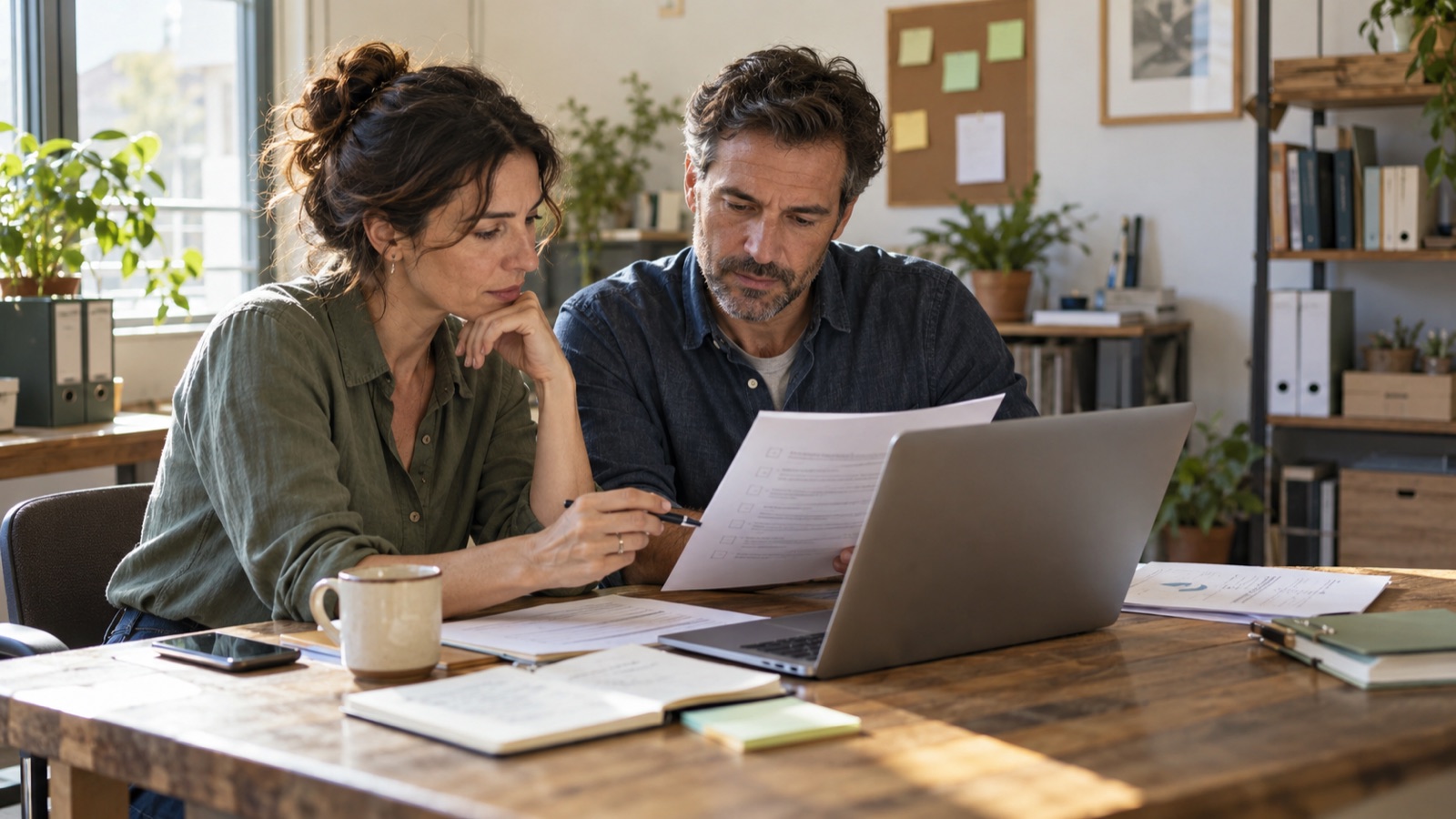 Two business owners reviewing a checklist beside a laptop in a sunlit office