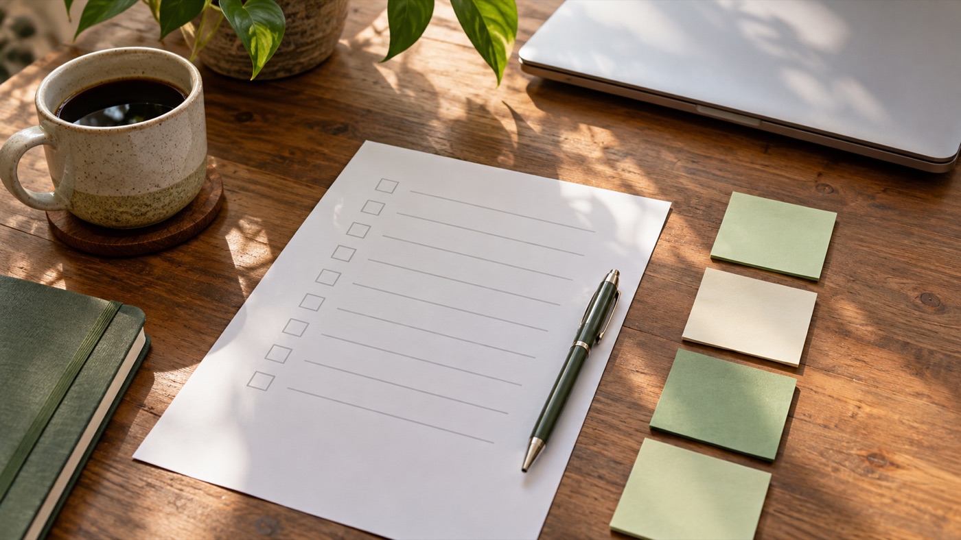 A printed workflow checklist and blank process notes arranged on an office worktable