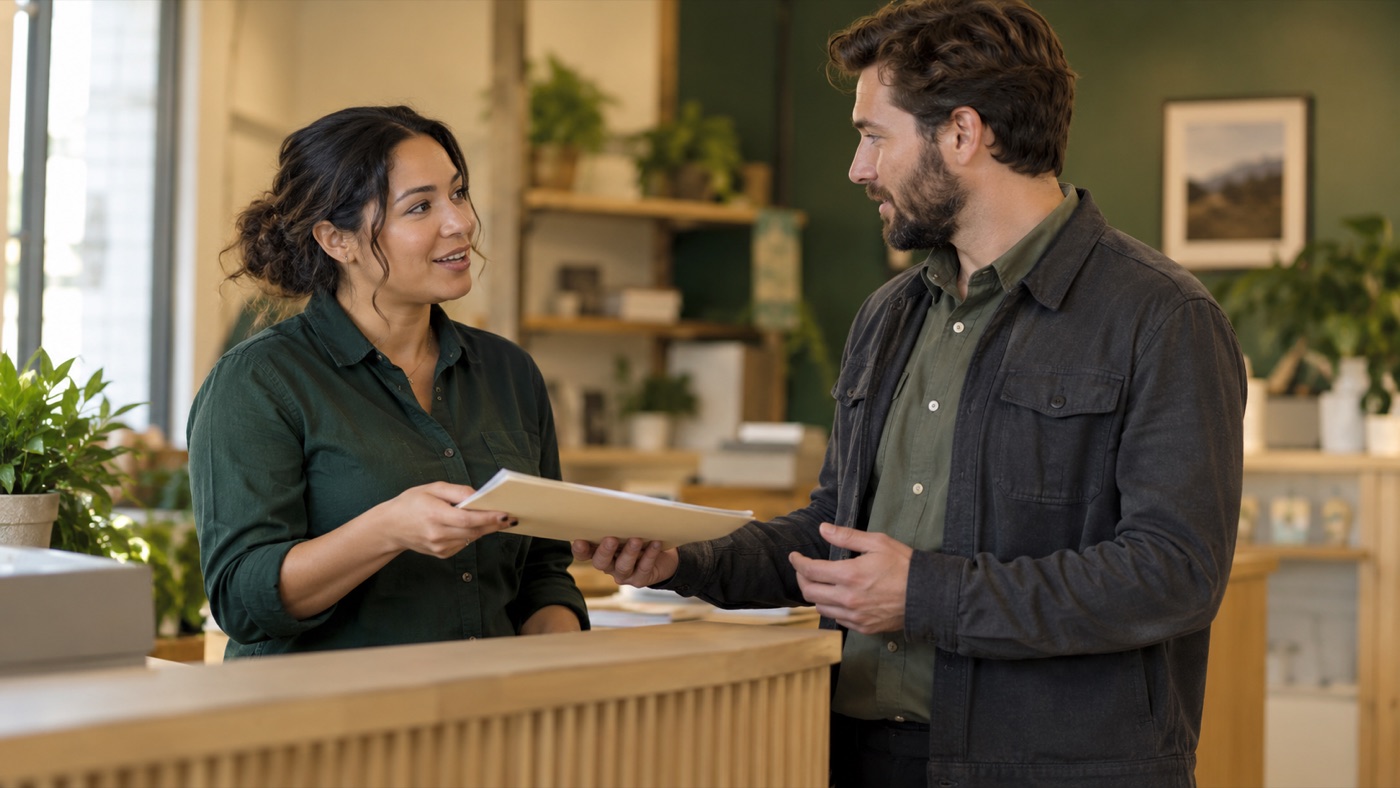Two service-business team members passing a customer job folder across a reception counter