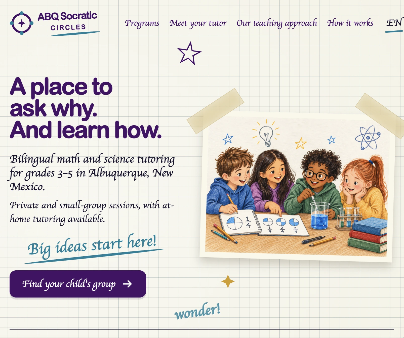 Screenshot of the ABQ Socratic Circles homepage, with its tutoring headline, program information, and classroom image