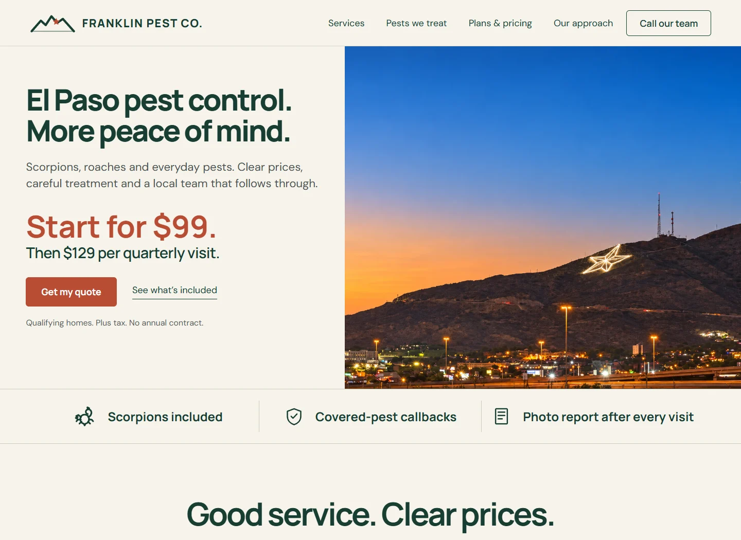 Franklin Pest Co. website with El Paso pest-control services, pricing, and a quote action