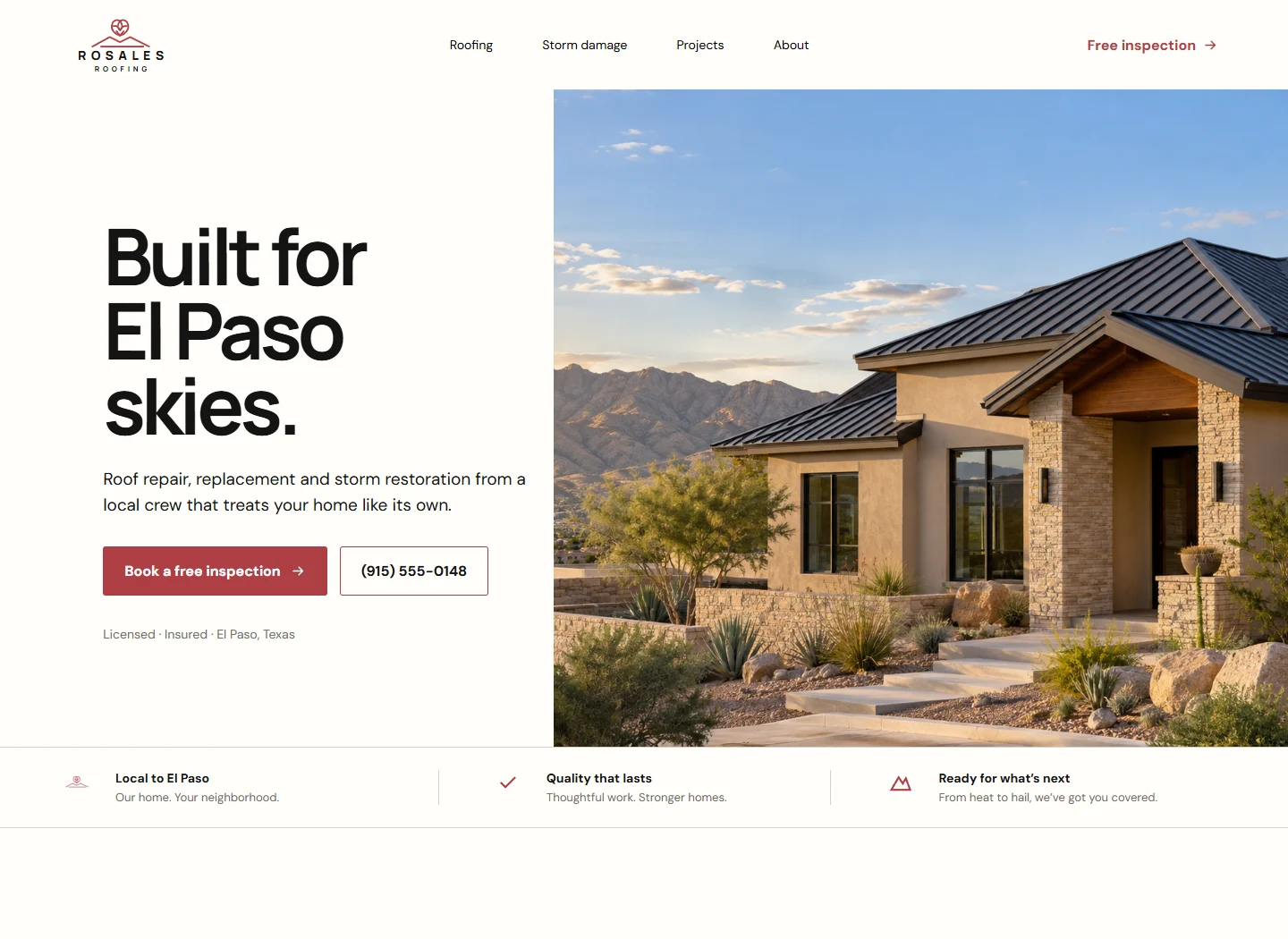Rosales Roofing website with an El Paso home, free inspection action, and roofing services