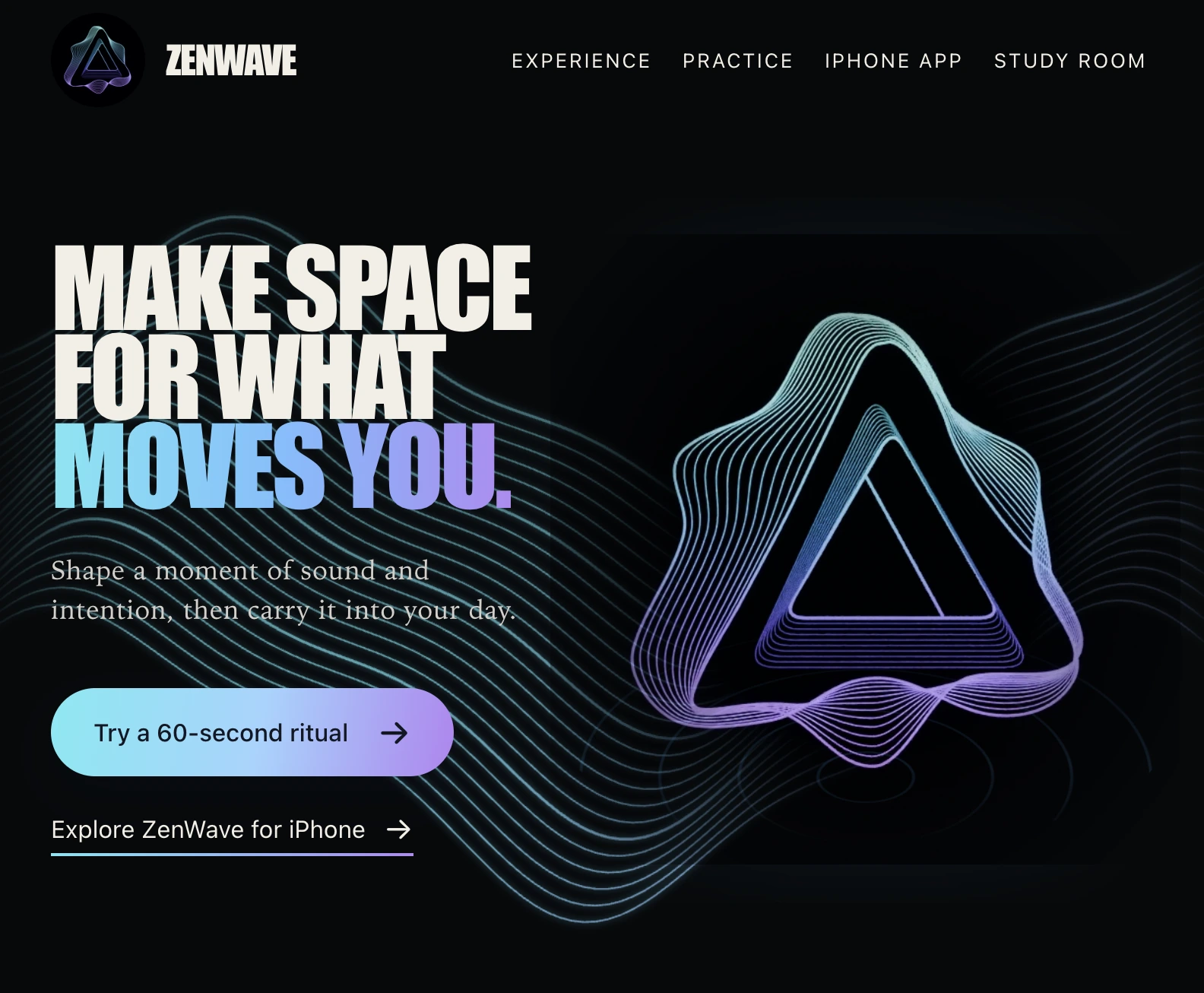 Screenshot of the ZenWave homepage, featuring its Make Space for What Moves You headline and sound wave artwork